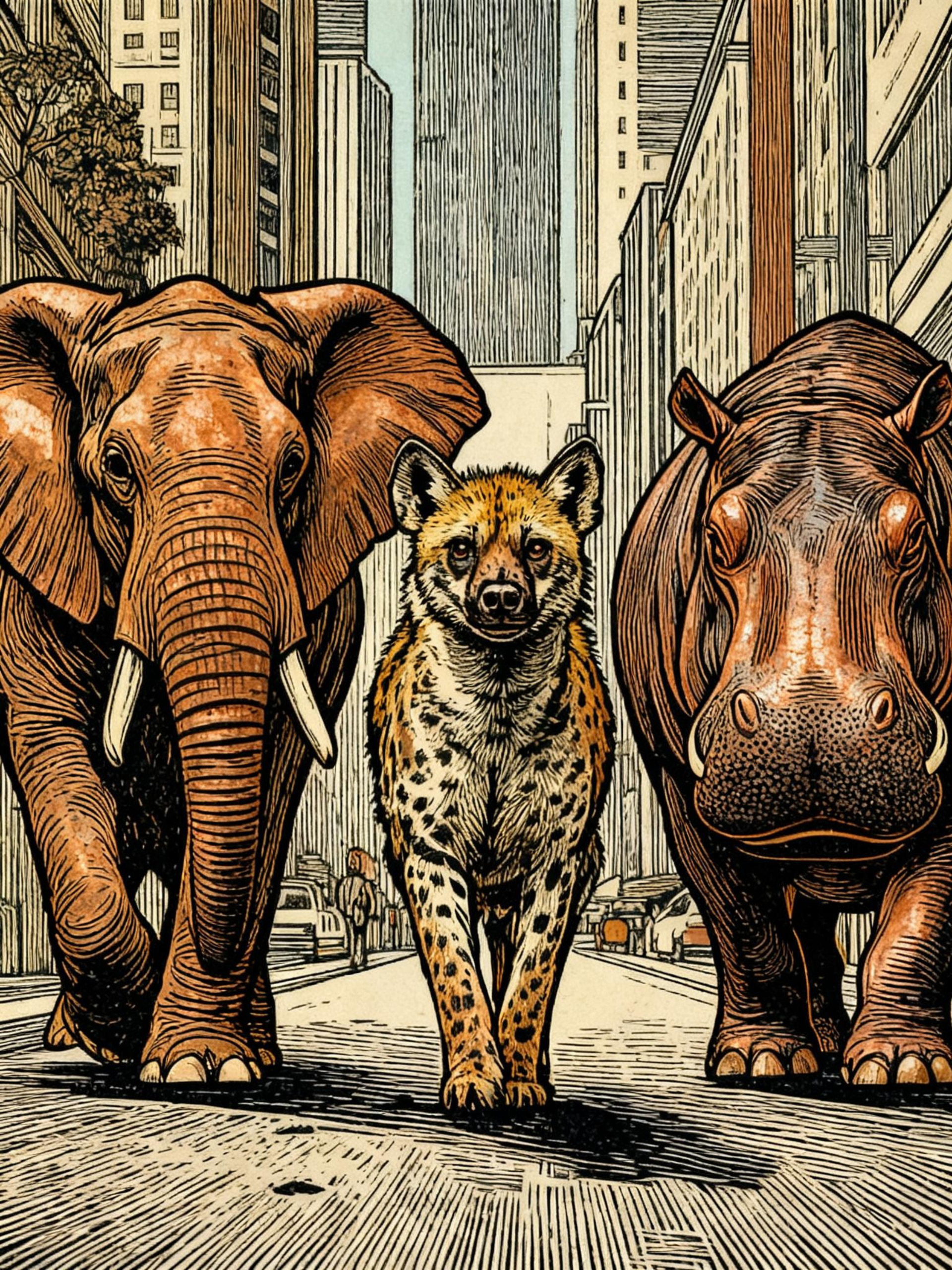 Éléphant, hyène et hippopotame avançant dans une ville, illustration Héros De L’Ombre