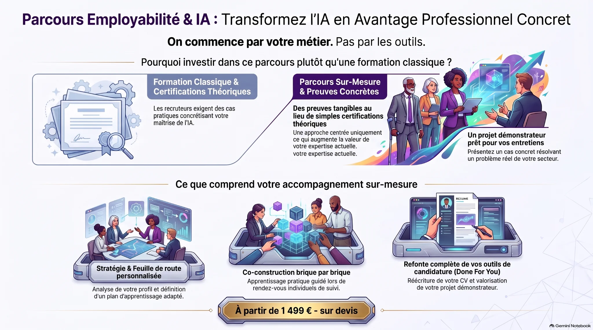 Parcours Employabilité et IA : stratégie, projet démonstrateur, accompagnement et CV, à partir de 1 499 € sur devis